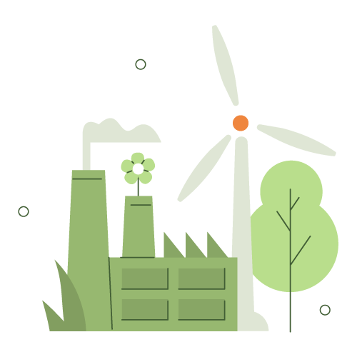 Ilustración ESG medioambiental de una fábrica y un molino de viento 